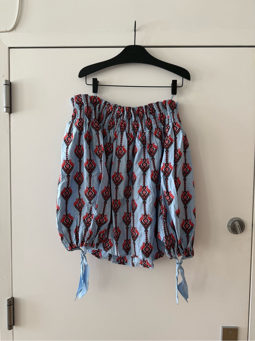 Caroline Constas Light Blue Embroidered Off The Shoulder Top with Tie Details